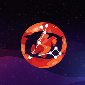 A representation of a threat group like Jumpy Pisces. Illustrative image featuring two fish and the Pisces constellation superimposed on a stylized, abstract background with flowing purple waves and a starry night sky.