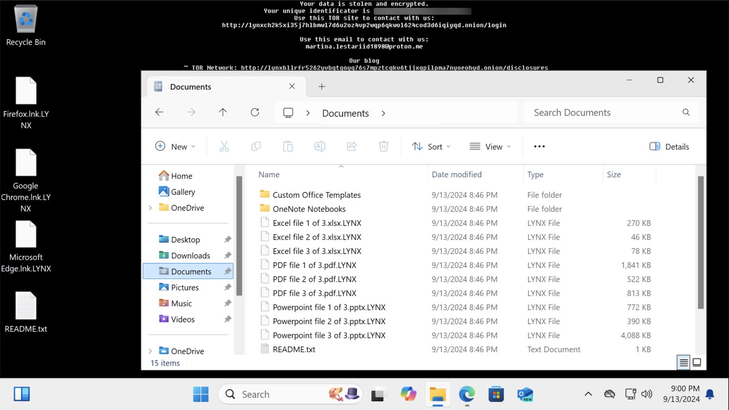 A computer desktop screen displaying an open folder named "Documents" with various files and folders listed, including "Custom Office Templates" and several Excel files. Icons for applications like Firefox, Google Chrome, and Microsoft Edge are visible on the taskbar. The desktop background has text saying that the computer's data is stolen and encrypted and there is contact information for Lynx. 