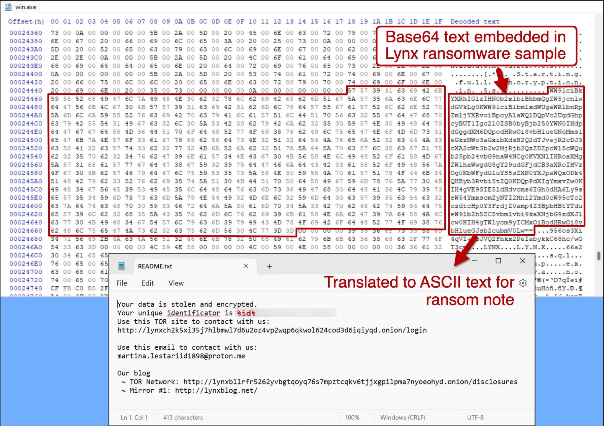 Screenshot of a Lynx ransomware sample code in a text editor, with highlighted areas showing Base64 text and its translation to ASCII text used for a ransom note.