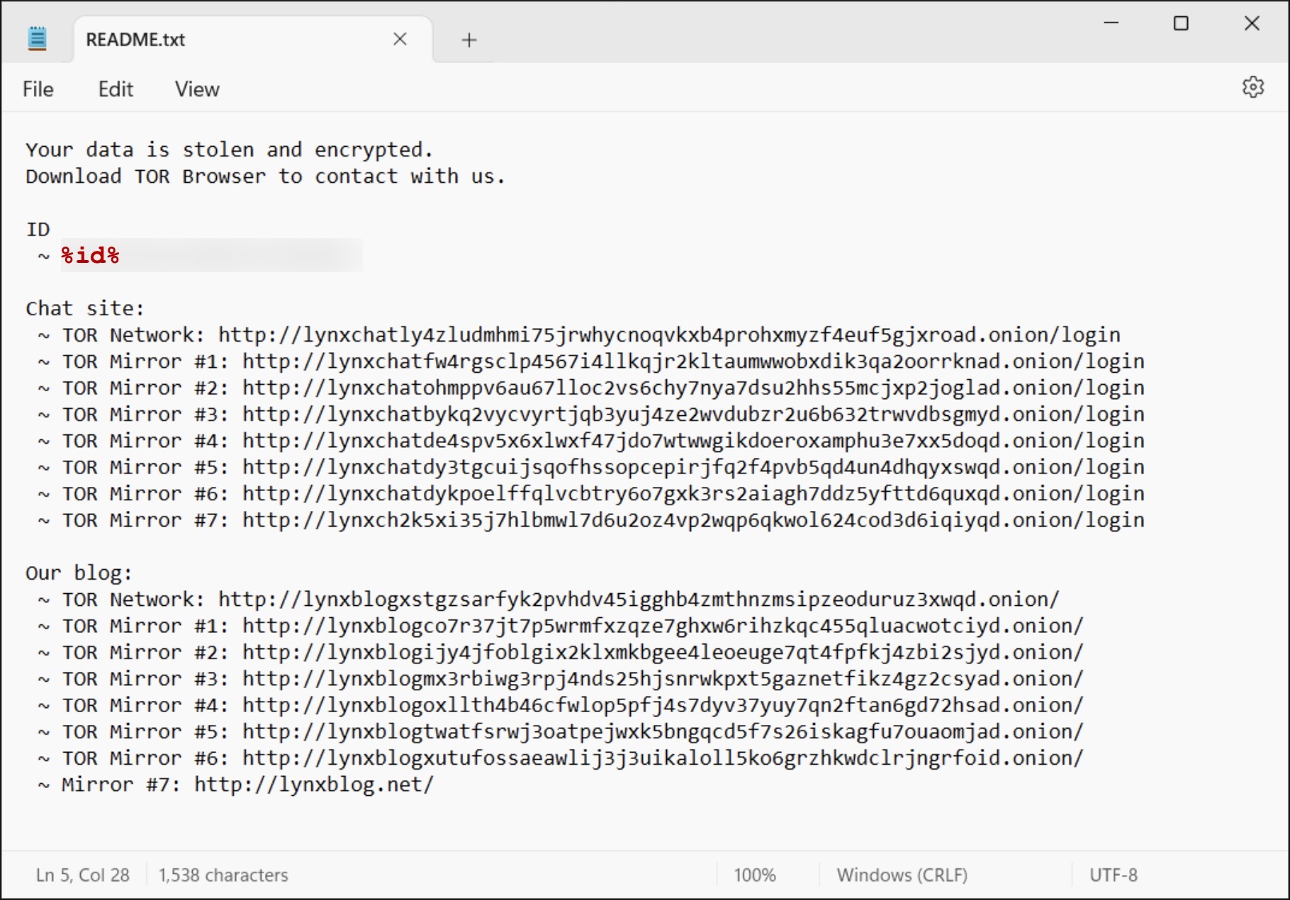 A screenshot of a text file named "README.txt" open in Notepad, displaying a list of Tor network mirror links for downloading a software. The file interface includes tabs for File, Edit, Format, View, and Help.