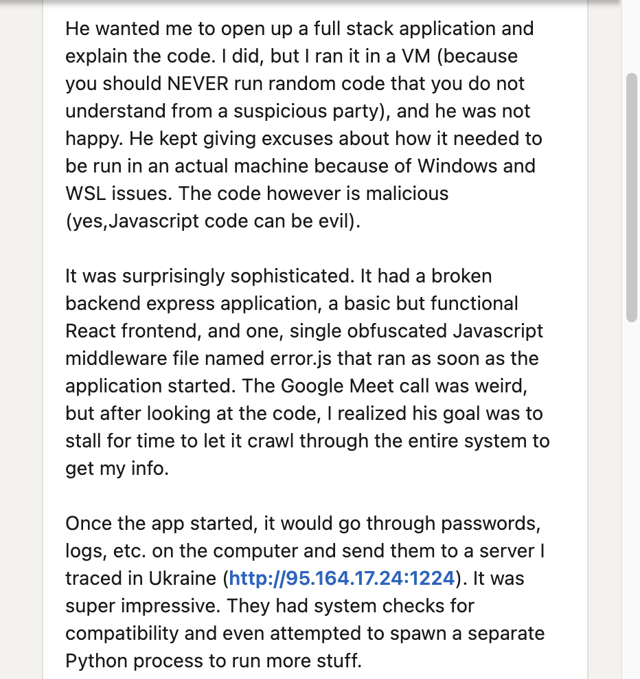 Text image featuring a personal story about coding challenges. It begins with a description of a typical coding issue and evolves into a narrative involving running a VM, encountering coding errors in JavaScript and Python. It includes a weird Google Meet call and the IP address of the traced server. 