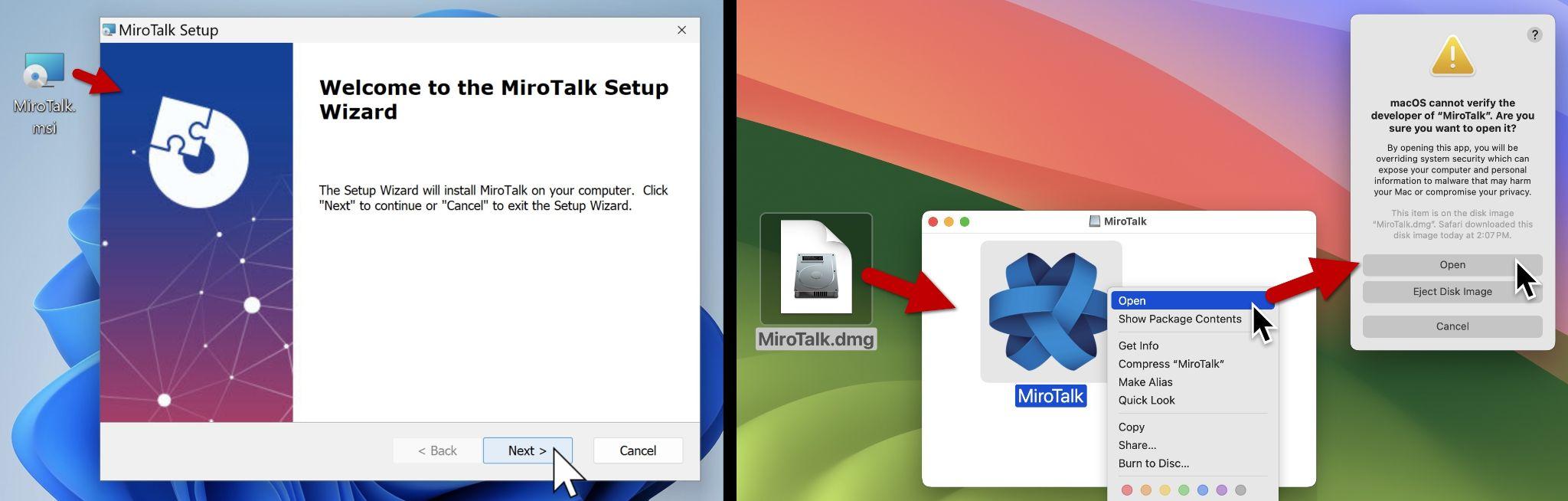 Two screenshots showing the installation process of the MiroTalk setup wizard. The first image displays the initial screen of the installation wizard, with 'Next,' 'Back,' and 'Cancel' options. The second image shows a context menu on a desktop screen with options like 'Open,' 'Run as administrator,' and others highlighted for the MiroTalk setup wizard. Red arrow point to different elements as the process continues.