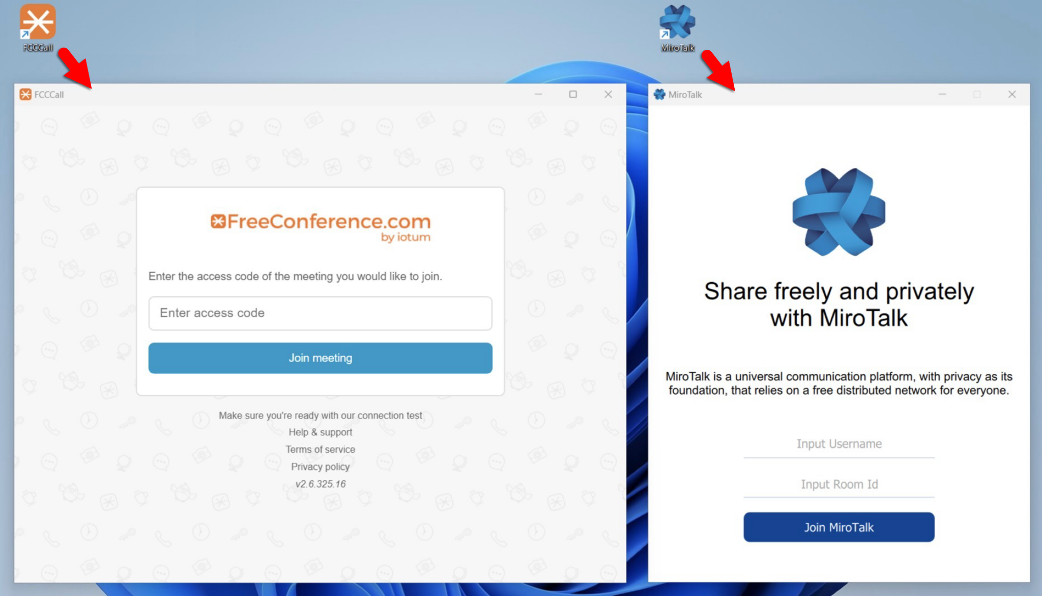 Screenshot displaying two computer application interfaces side by side. On the left, the 'FreeConference' login screen requests an access code for meeting entry. On the right, 'MiroTalk' promotes secure, private communication with a feature to join a room by inputting a username. Red arrows point from the application shortcut on the desktop to the start screens. 