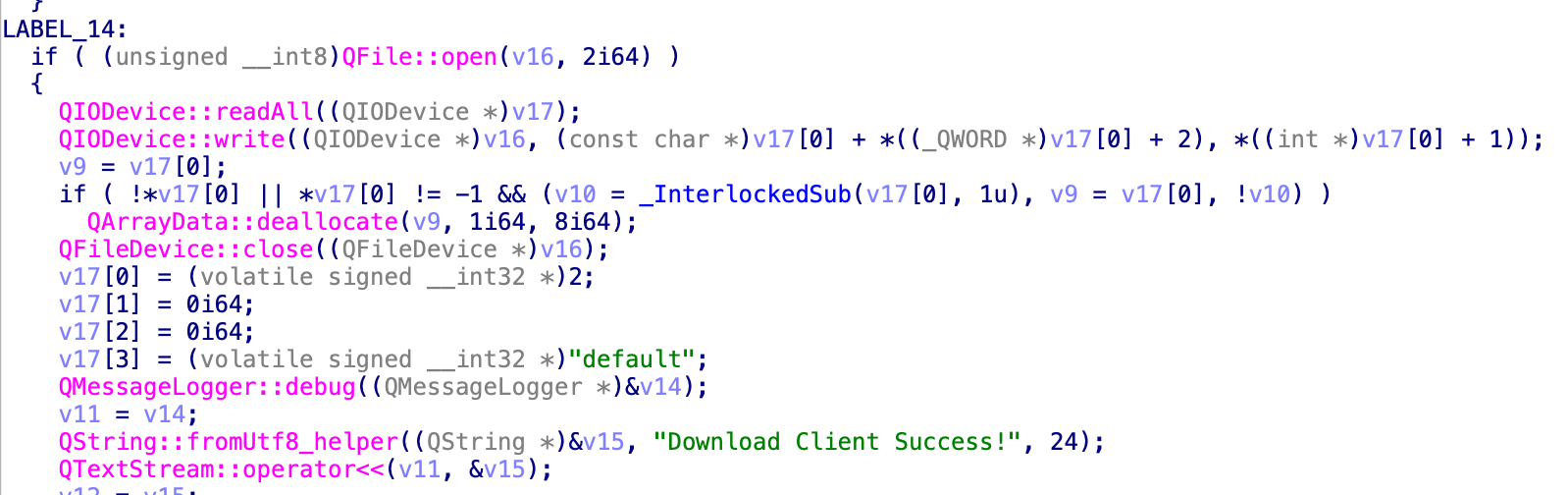 Screenshot of a programming code snippet featuring functions related to file operations, memory allocation, and debug logging. Different syntax is color-coded to make it stand out. 