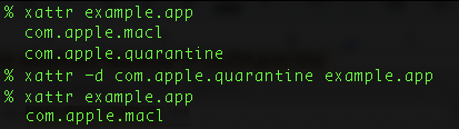 Terminal window displaying commands for viewing and modifying extended attributes in macOS, specifically dealing with two attributes: 'com.apple.quarantine' and 'com.apple.macl'. Commands show listing and removing the 'com.apple.quarantine' attribute from an application named 'example.app'.