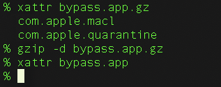 Screenshot of a computer terminal displaying commands related to xattr and gzip operations, focused on handling a file named 'bypass.app.gz' and interacting with macOS extended attributes.