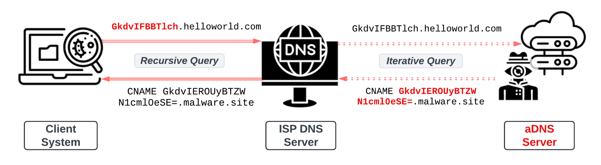 Illustration depicting the DNS query process involving a client system, an ISP DNS server, and a malicious server, with steps labeled using technical notations and domains.