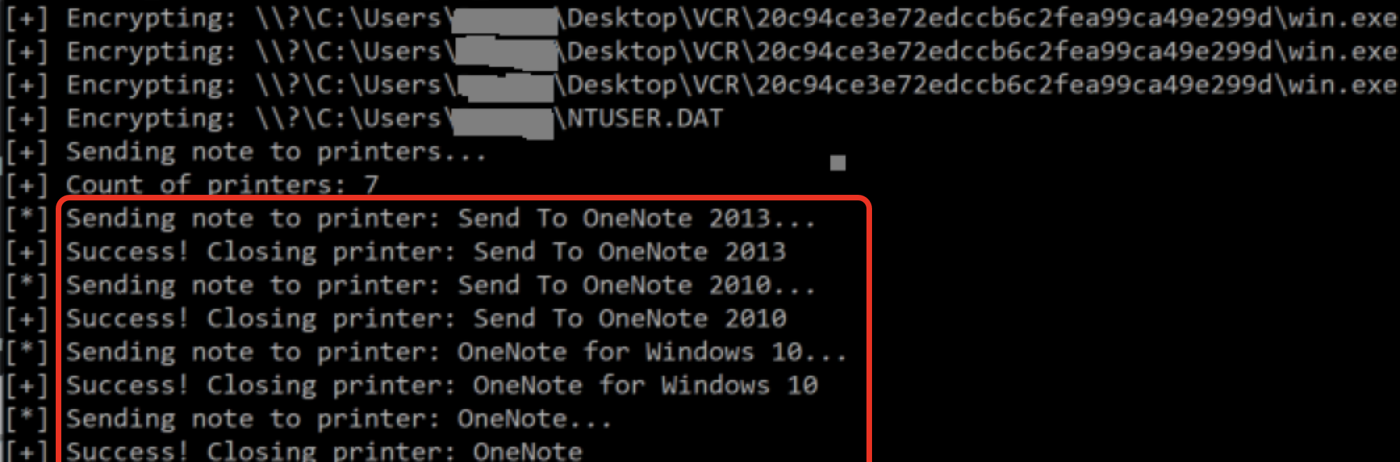 Computer screen displaying multiple lines of text that indicate the process of sending notes to various versions of OneNote, including OneNote 2013, OneNote 2010, and OneNote for Windows 10. The text also includes messages about the successful closure of the same. These are highlighted inside a red box. Some identifying information is redacted. 
