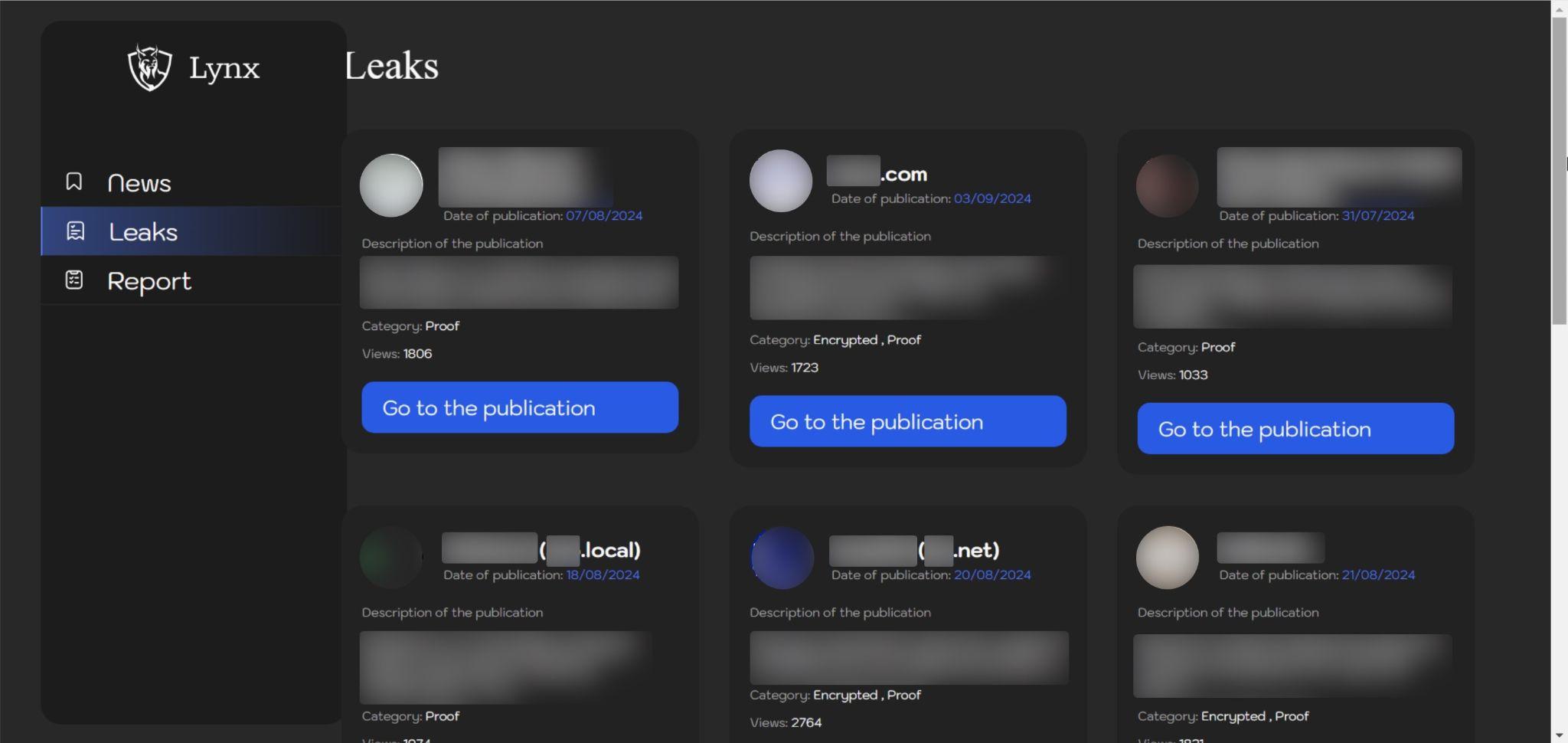 Screenshot of the Lynx Leaks web interface displaying various reports. Each report is presented with titles, publication dates, descriptions, viewer counts, and a 'Go to the publication' button. The background is dark with the text and buttons highlighted in blue tones.