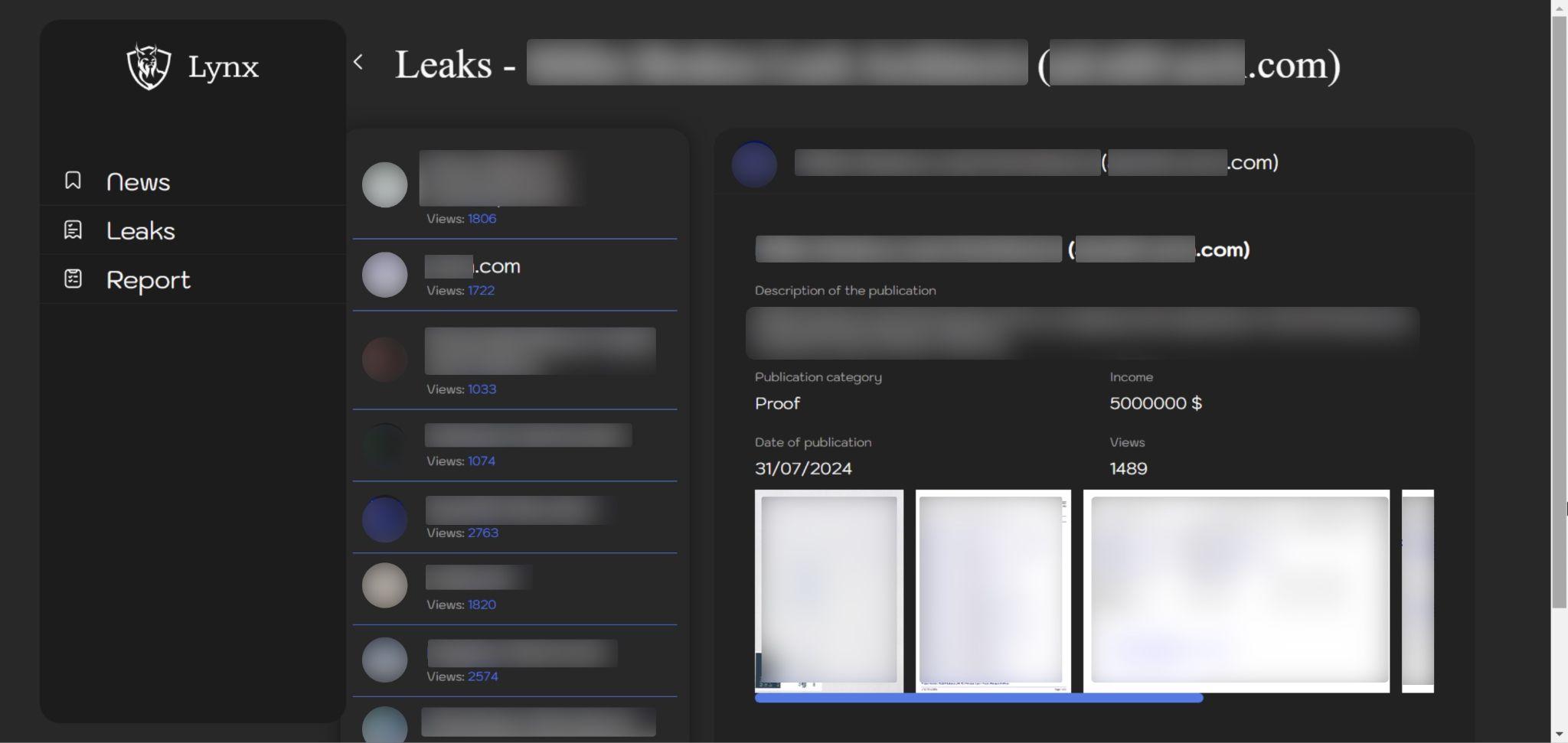 A blurred screenshot of the Lynx leak site interface displaying several navigation options like News and Reports. The main panel shows obscured text fields and image thumbnails, indicating a focus on media or publications. The interface theme is dark with hints of blue highlights.