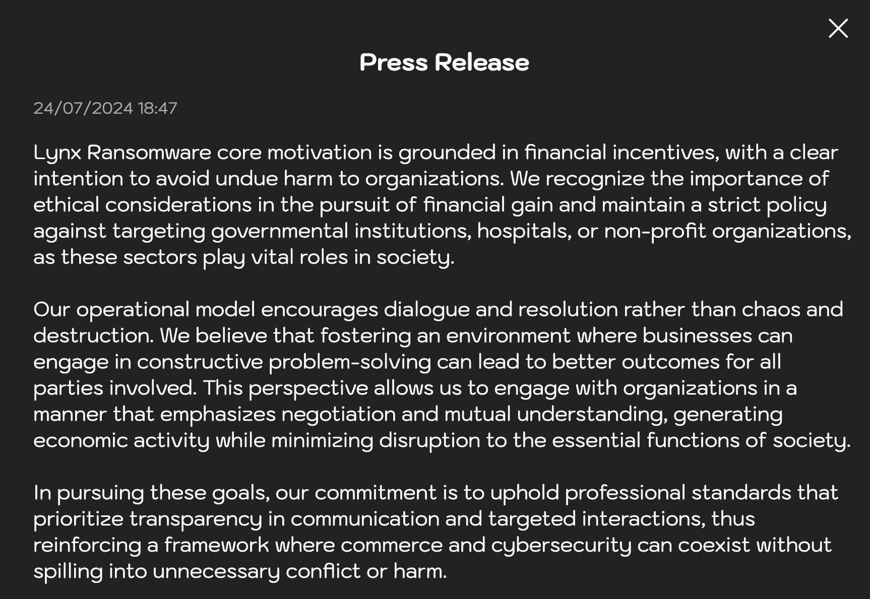 Press release from Lynx ransomeware on July 24, 2024, discussing their approach to avoid harm to organizations by incentivizing ethical considerations and fostering dialogue for better economic and social outcomes.