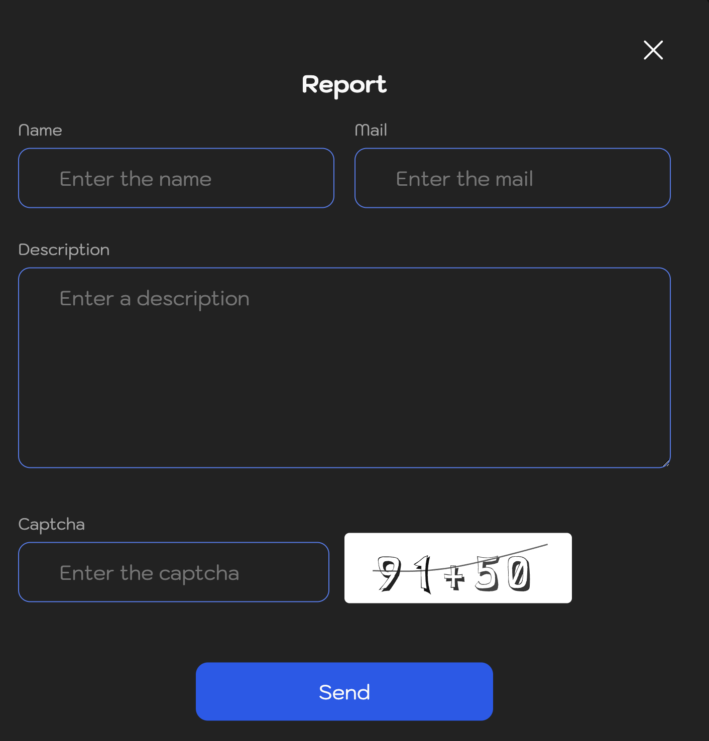 A screenshot of a digital 'Report' form with fields to enter a name, email, and a description. Below these, there is a captcha asking to solve a mathematical addition problem. A 'Send' button is provided at the bottom.