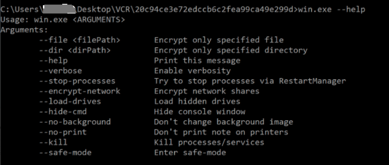 Command prompt screen displaying a list of arguments. The arguments include options for file encryption, verbose output, encryption of network shares, and others. Some identifying information is redacted.