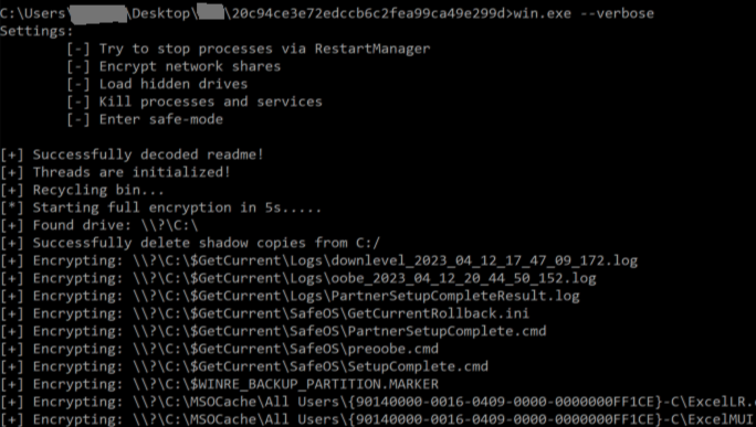 A screenshot of a computer screen displaying a command prompt window with various system processes being executed, including stopping processes, initializing threads, and encrypting files. The window shows several file paths and status messages related to system security. Some identifying information in the first line is redacted. 