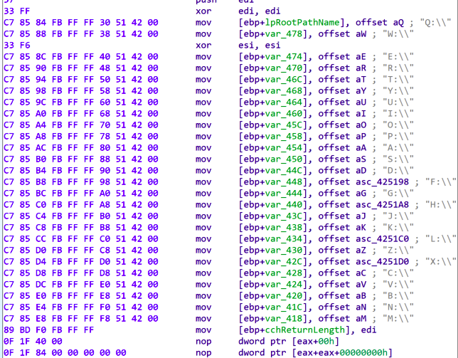 A screenshot of a computer screen displaying assembly language code with various memory addresses and operations.