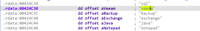 A screenshot showing a section of computer code with various data offsets listed, such as Backup, Exchange, Java, and Notepad. One line is highlighted in purple with the word "Veeam" on the right side.