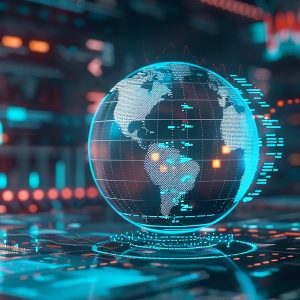 A pictorial representation of a campaign like BeaverTail. Digital globe with interconnected network lines and data streams on a futuristic interface, symbolizing global connectivity and information technology advancements.