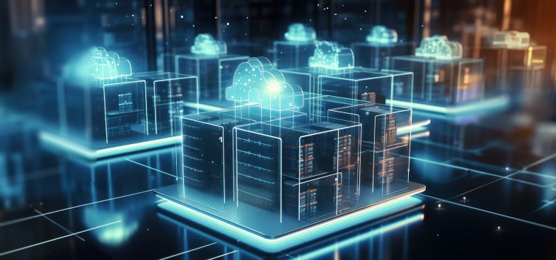 Pictorial representation of detecting DNS hijacking. Digital illustration of a futuristic data center with glowing blue server racks connected by light beams, surrounded by cloud computing icons, set against a dark background.