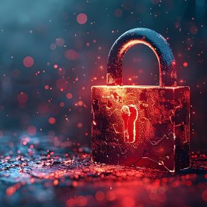 A pictorial represntation of cybercrime like Silent Skimmer. A glowing red padlock on a wet surface with red particles floating in a misty, dark blue background.