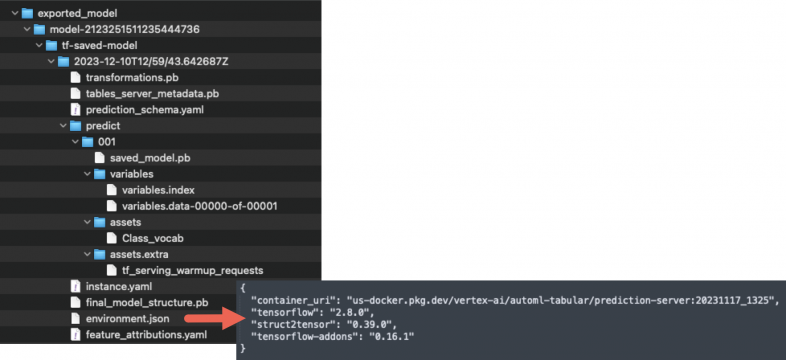 Two stacked screenshots displaying a directory structure and code file names in Visual Studio Code editor, involving files like "saved_model.pb," "variables.data-00000-of-00001," and "environment.json" in a development environment setup.