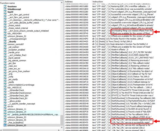 Screenshot of a computer screen displaying a list of function names and their corresponding addresses in a programming environment. There are arrows and text annotations in red pointing to specific lines in the code.