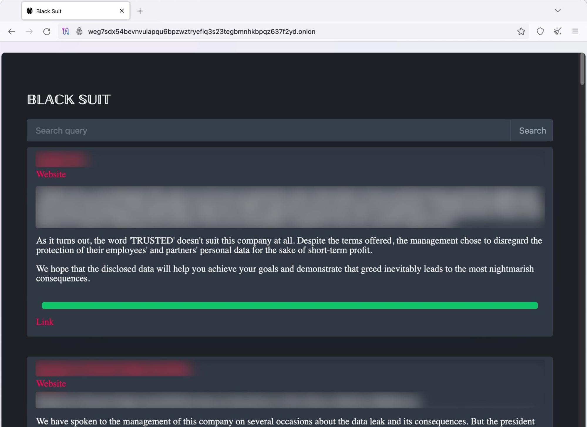 Screenshot of the BlackSuit ransomware leak site with much of the information redacted. The user has the ability to search the site. The text on the website talks about a company facing consequences after data was disclosed. 