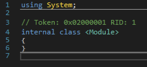 Screenshot of a code editor displaying a simple code snippet with the 'using System;' directive and an internal class declaration named '<Module>'.