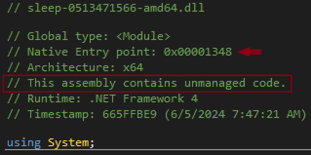 A screenshot of code indicating that the assembly contains unmanaged code, with specific sections highlighted, using the .NET Framework 4.