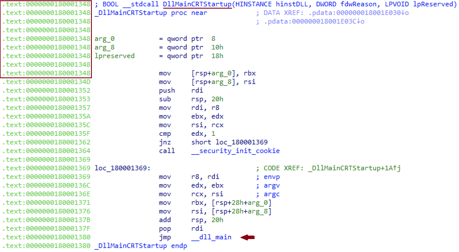 Screenshot displaying source code in an IDE, featuring lines of assembly language associated with the DllMainCRTStartup function. Some of the code is highlighted in a red box and a segment is underlined in red on the first line.