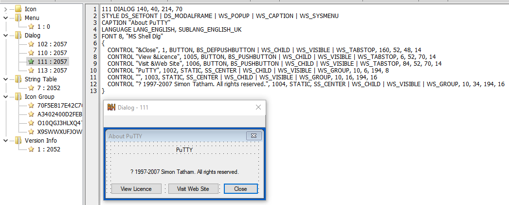 Screenshot of a software interface for PuTTY, displaying an "About PuTTY" dialog box with version information and buttons for viewing the license, visiting the website, and closing the dialog.