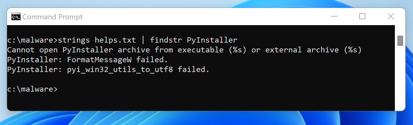 Command Prompt window open on a desktop showing error messages related to PyInstaller and the conversion of file paths to UTF-8. The prompt is located at C:\malware\strings.