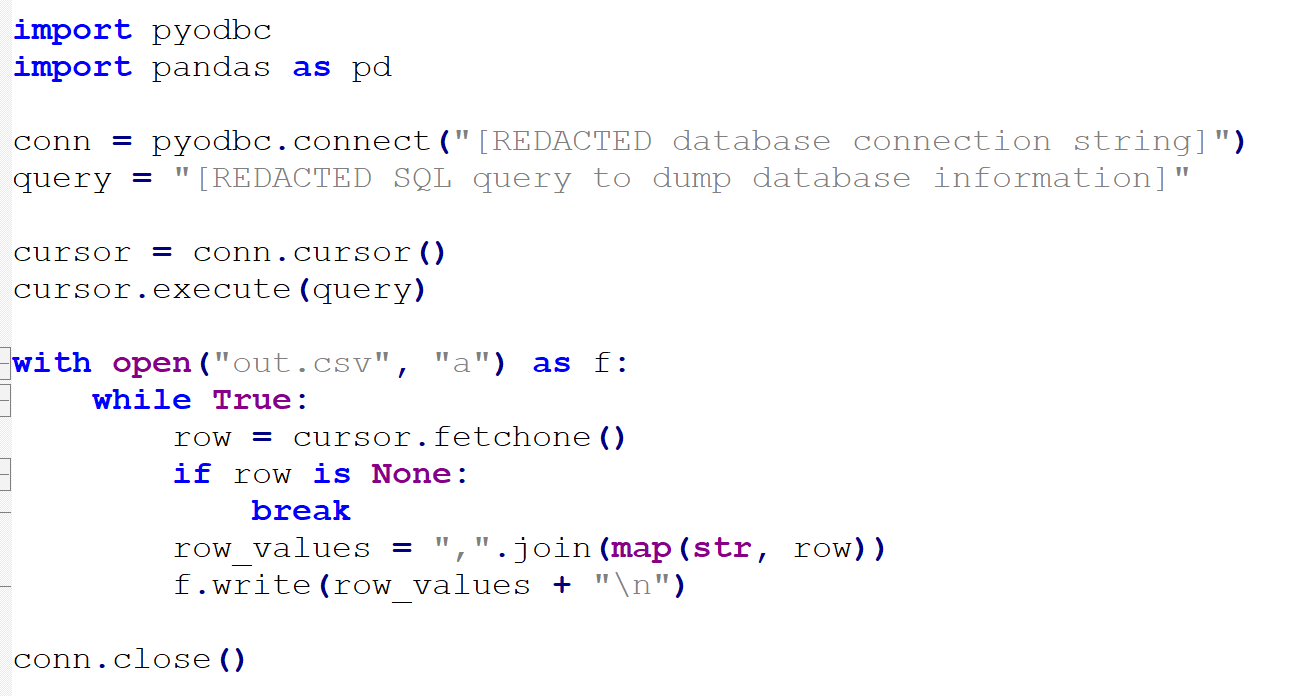 Screenshot of Python code using the pyodbc module to run a SQL query on a database, fetch data, and write it to a CSV file named 'out.csv'.