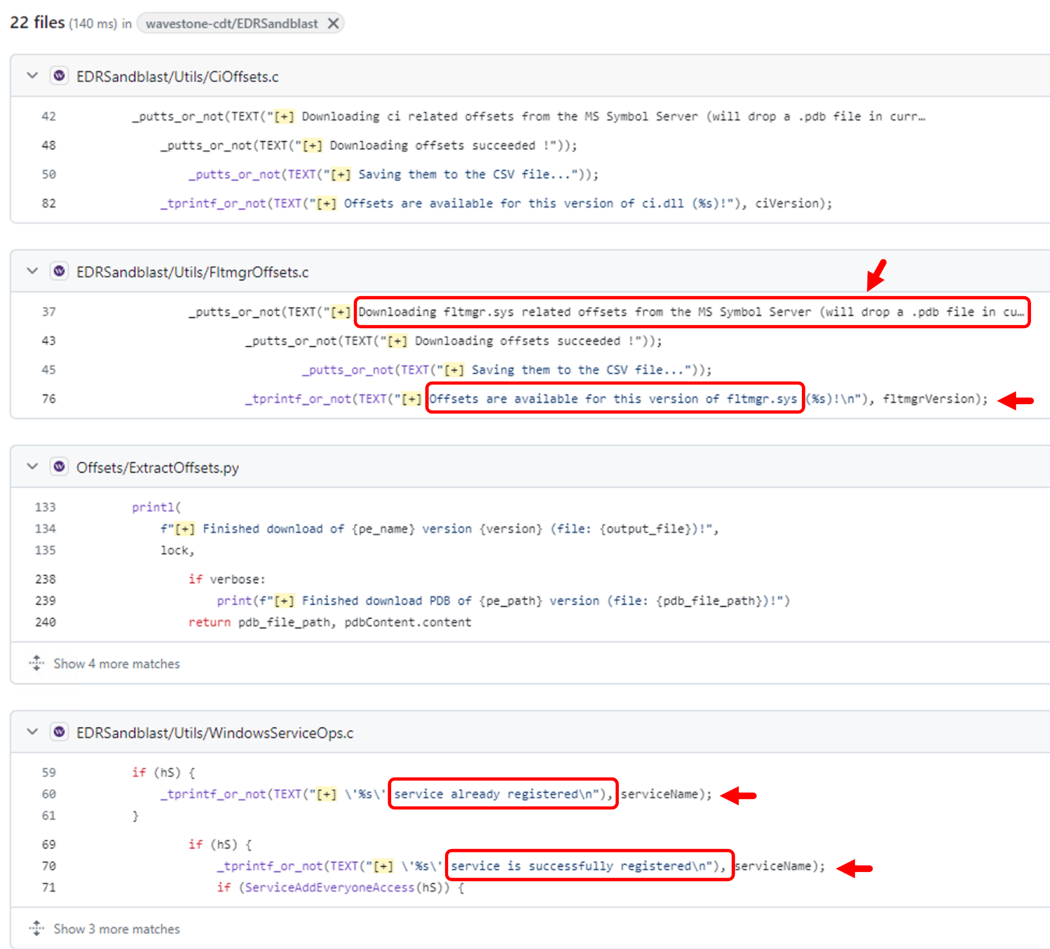 Screenshot of a GitHub page displaying multiple code snippets in a red, green, and white color scheme, with annotations and arrows highlighting specific lines. The code relates to utility functions, offsite extractions, and service operations.