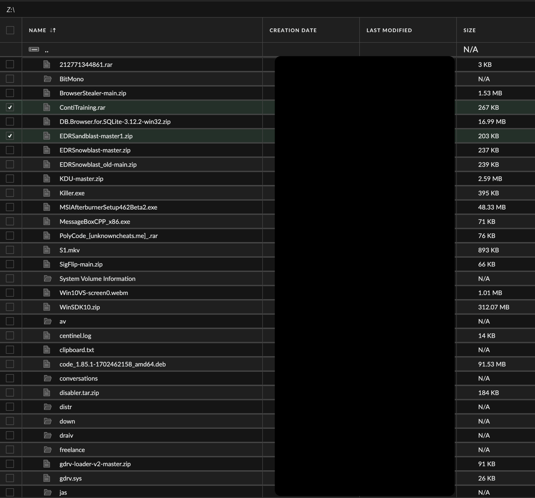 Screenshot of a file explorer window displaying a list of various types of files including zip, exe, jpg, and more. File names are visible, with details about file size and the columns of 'Creation Date', 'Last Modified', and 'Size' shown.