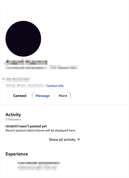 Screenshot of a LinkedIn profile page with minimal content: profile photo placeholder, no connections, and placeholder text for activity and experience sections.