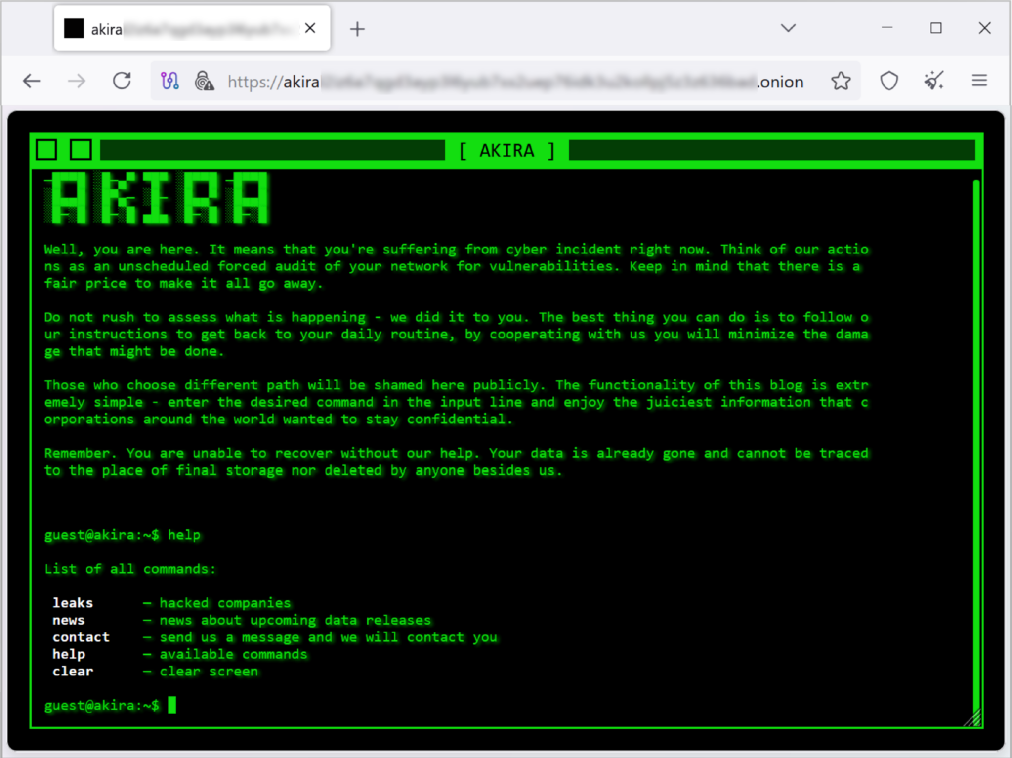 Screenshot of a computer screen displaying a message from a hacker group named "AKIRA" on a dark-themed interface with green text. The message warns the user about a cyber incident and provides instructions for mitigating damage, and mentions commands available in the interface.