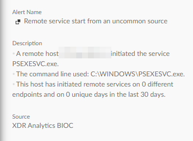 A screenshot from Cortex XDR displaying a service start notification by a remote host, using PSExec.exe from the C:\WINDOWS directory, and statistics about its remote service activity listed under XDR Analytics BIOC.