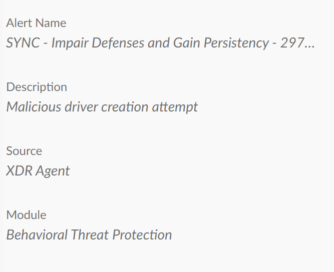 Screenshot displaying a security alert from the Cortex XDR Agent. The alert is categorized as 'Behavioral Threat Protection' and details a 'Malicious driver creation attempt.'