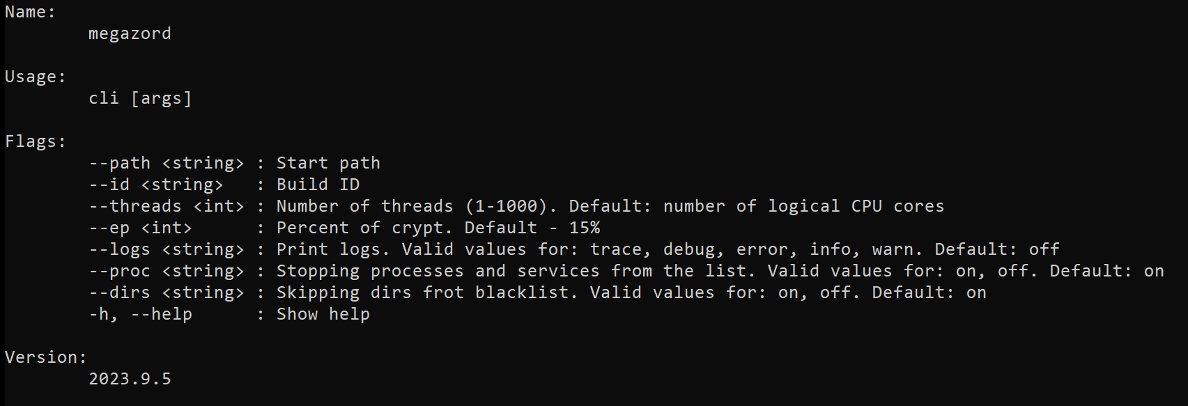 Screenshot of a command-line interface tool named 'megazord' displaying its usage, options, and version number. The options include various settings like path starting, thread number, error logging, process percent, and directory skipping.