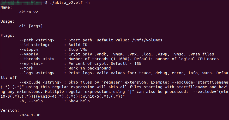 Screenshot of a computer terminal displaying command line options for a program named 'akira_v2' with various parameters and their descriptions.