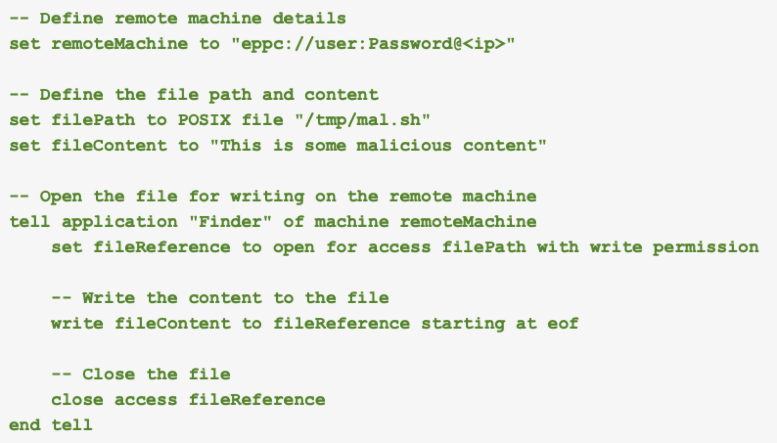 A screenshot displaying a script with coding instructions aimed to define and manipulate a file on a remote machine, including setting a file path and opening a file with write permissions.