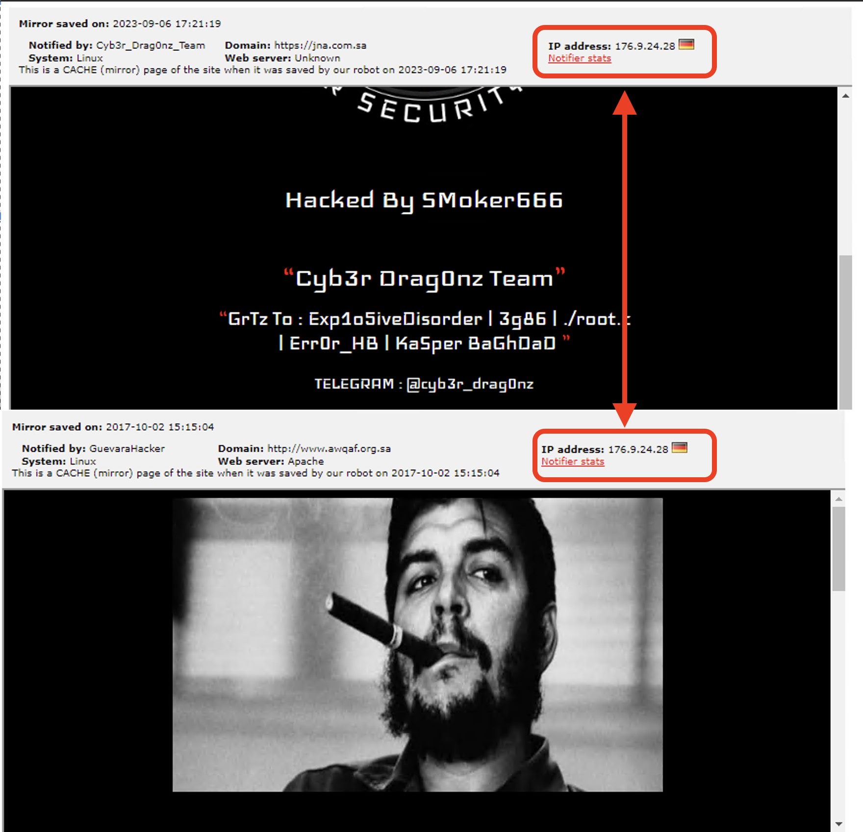 Screenshot of a website page indicating a security breach, titled 'Hacked By SMoker666' with a photo of Che Guevara and various technical data including IP addresses displayed on the page.