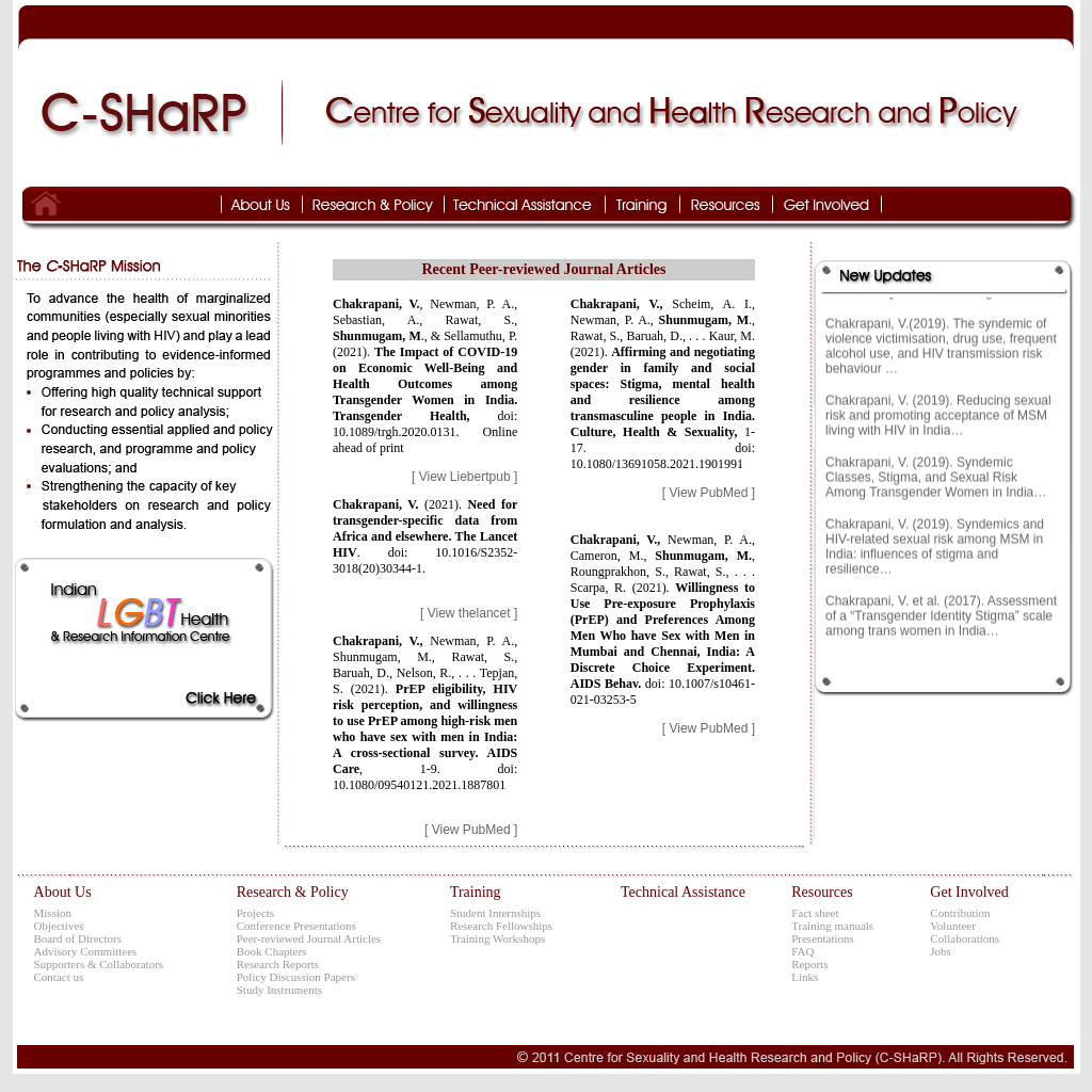 Screenshot of the Centre for Sexuality and Health Research and Policy (C-SHaRP) website homepage featuring navigation tabs such as About Us, Research, Publications, Training, Partners, and Get Involved, along with various sections including recent news updates, featured research topics, journal articles, and an invitation to participate in studies.