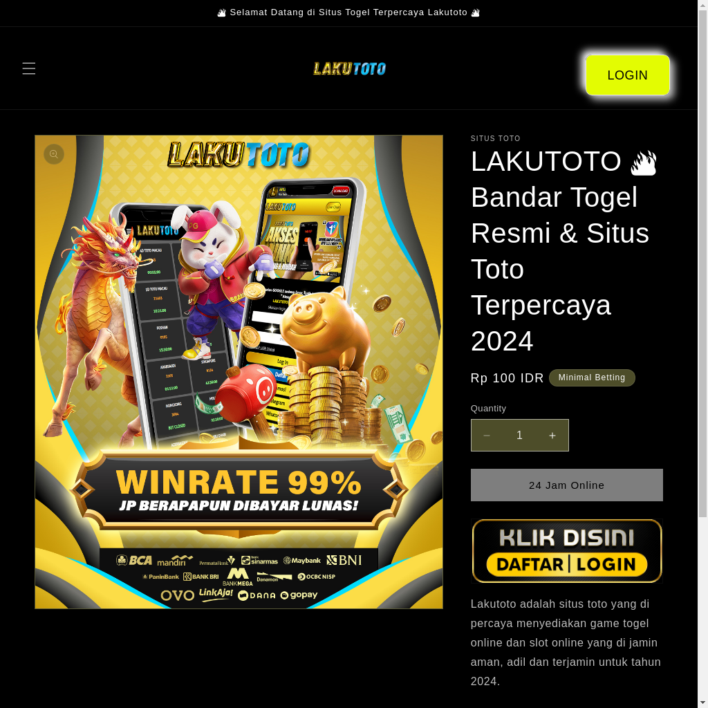 Website homepage of Laku Toto displaying promotional graphics for online gambling, featuring a cartoon-style mouse and pig, with various elements like coins, a treasure chest, and a bold claim of a 99% win rate. The layout includes a login button and menus for game navigation.