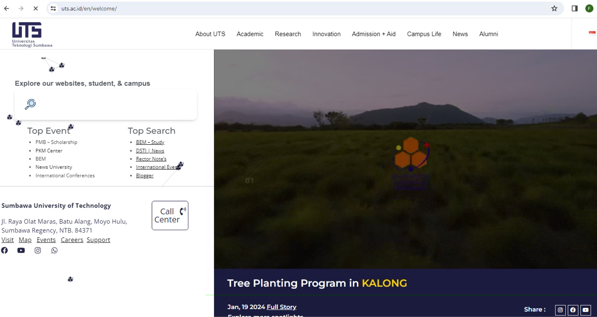 A screenshot of the homepage of Sumbawa University of Technology's website, featuring a section on a tree planting program in Kalong. The page includes a menu with options like Academics, Research, and Campus Life, and an image of a scenic green field and mountains under a cloudy sky.