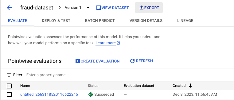 Screenshot of a computer interface titled 'fraud-dataset', showing tabs like VIEW DATASET and EXPORT. Below, EVALUATE, DEPLOY & TEST, BATCH PREDICT, VERSION DETAILS, LINEAGE are equally listed. It displays a section titled 'Pointwise evaluations' with a list of evaluations including one named 'untitled_266311820116622245' marked as 'Succeeded' created on December 8, 2023.