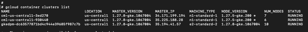 Screenshot of gcloud container cluster lists including location, IP addresses, machine type and more.